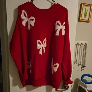 CeCe Red Sweater with White Bow Details